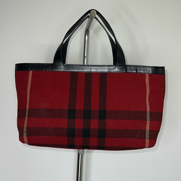 🔹 Burberry Vintage Wool and Leather Plaid Check Tote Bag - Picture 1 of 7